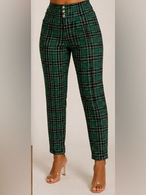 Green Plaid Slim Fit Pants